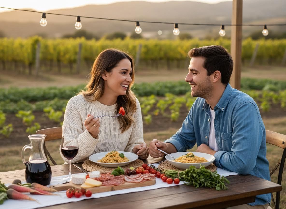 Couple enjoying an outdoor dinner at a vineyard