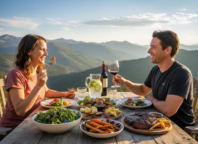 Couple enjoying a scenic mountain dinner