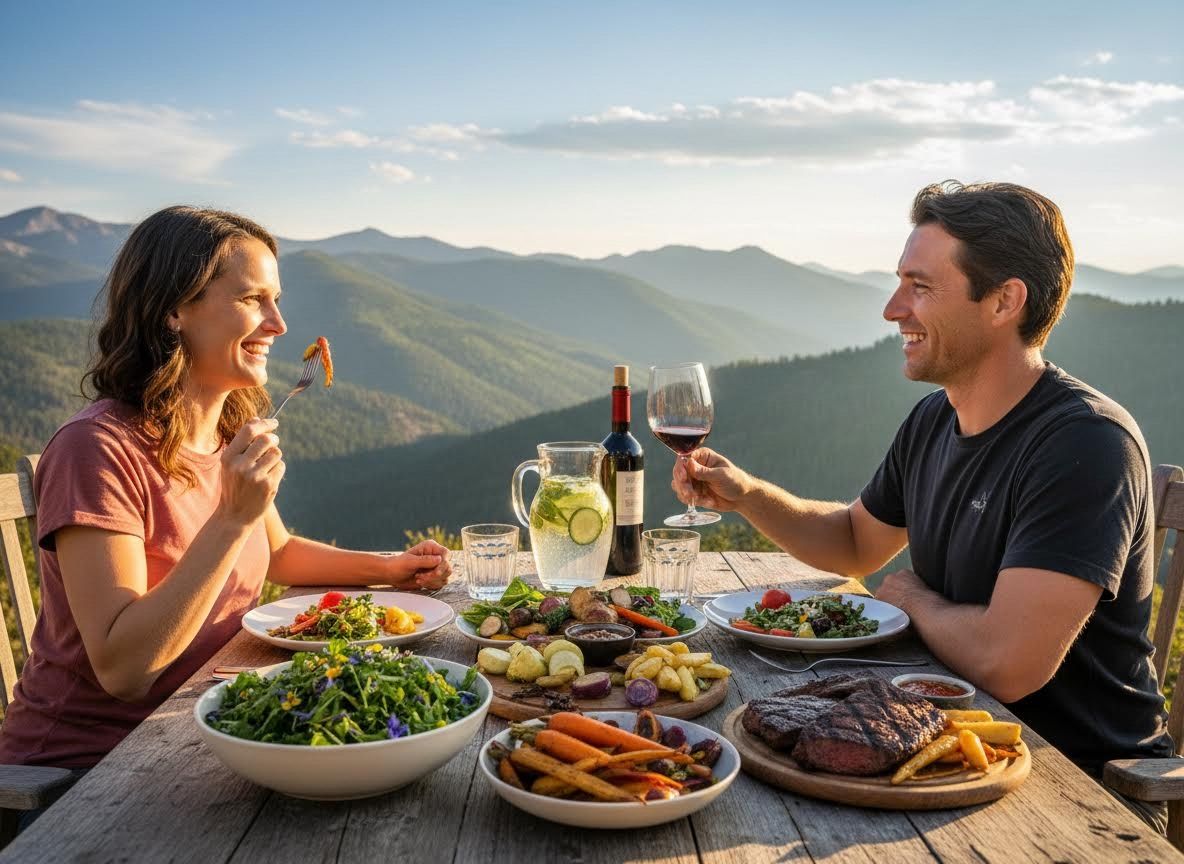 Couple enjoying a scenic mountain dinner