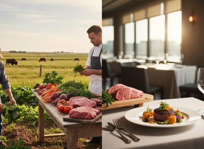 A chef and farmer with fresh produce and meat on a farm, contrasted with a gourmet plated steak dinner in a fine restaurant setting. Farm to Table Culinary Experience