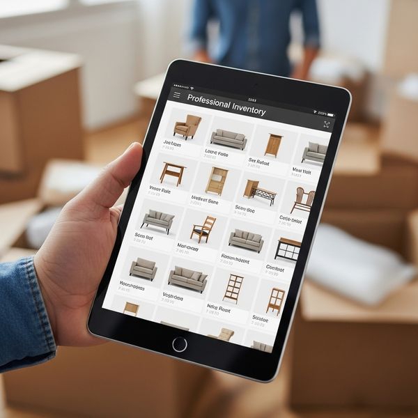 a hand holding a digital tablet displaying a professional inventory app with photos of furniture items, in a room being packed up