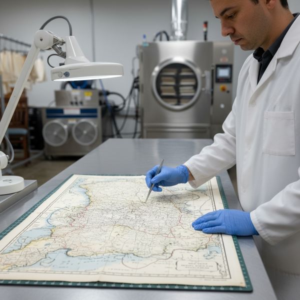 A focused restorer in a lab coat and blue gloves examining a large, old map