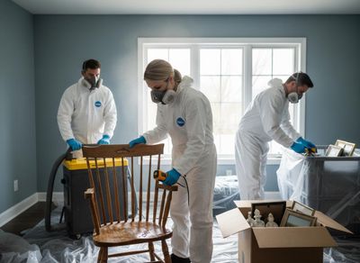 Remediation team cleaning a room
