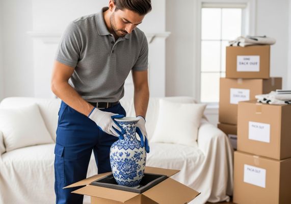 Restoration professional carefully packing a delicate vase for pack-out services in a home