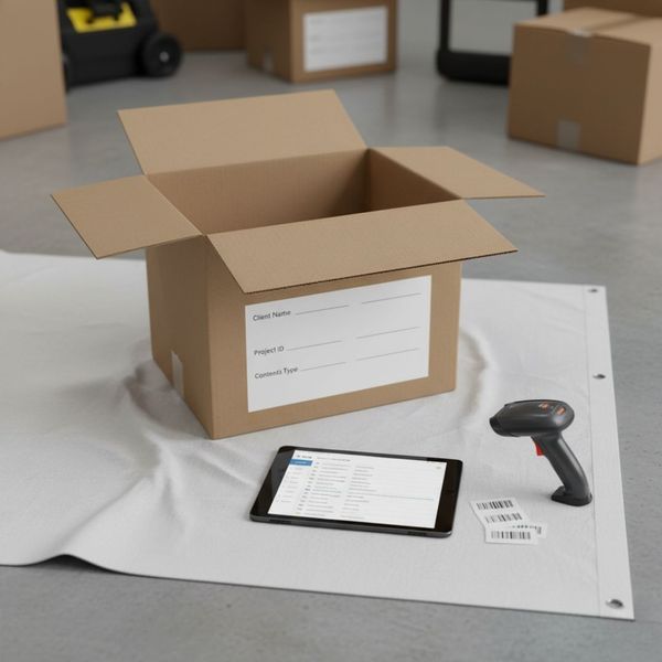 Pack-out process showing an open, labeled box, digital tablet, and barcode scanner on a protective floor covering.