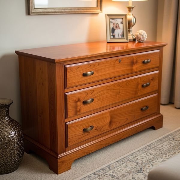 a cherry wood chest that has been refinished