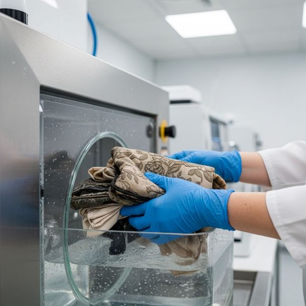 Technician's gloved hands carefully placing smoke-affected textiles into a specialized cleaning chamber for restoration.