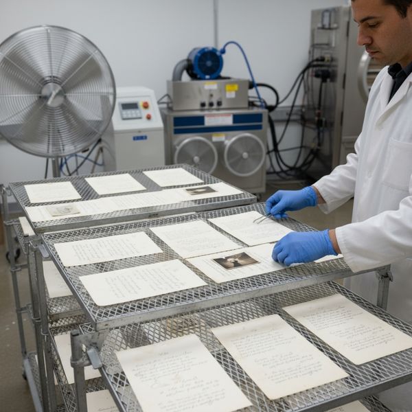 A conservator in a lab coat and gloves meticulously arranging and inspecting water-damaged documents laid out on metal drying racks with a large fan in the background.