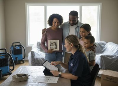 A family with two kids and a woman holding a framed photo discusses home restoration with a professional using a tablet in a room with covered furniture. Family consults home restoration professional