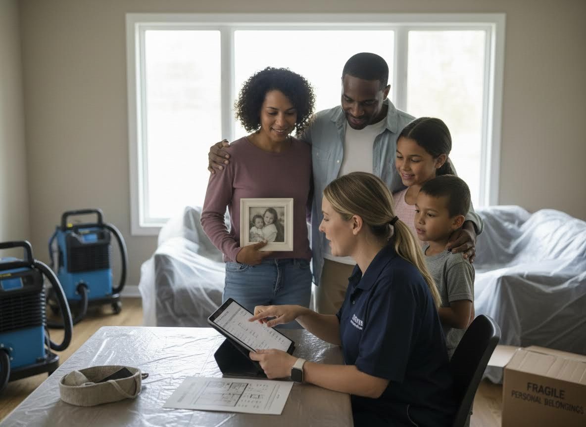 Family consults home restoration professional