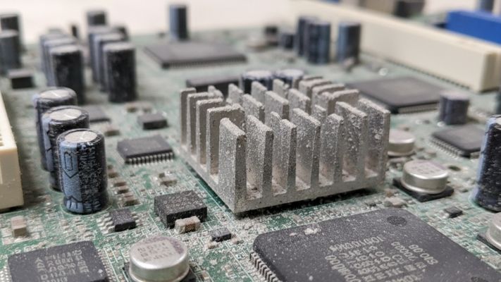 Close-up of a corroded computer motherboard