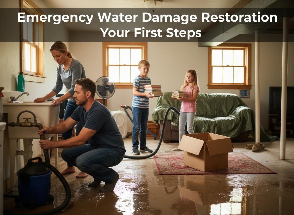 Family performing emergency water damage restoration