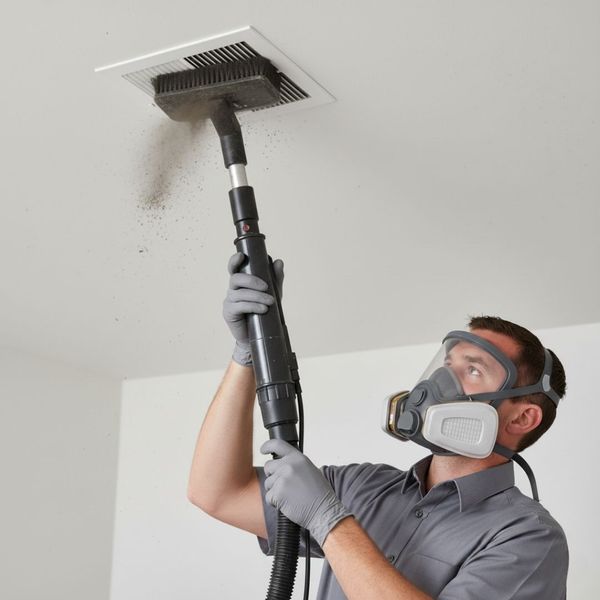 Professional technician using a HEPA filter vacuum to clean soot and microscopic particles from an air vent or surface.