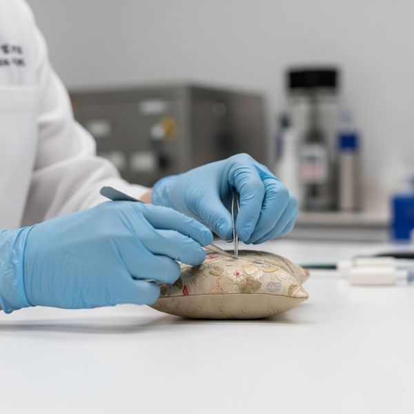 Restoration technician in gloves examining an antique porcelain figurine for damage assessment.