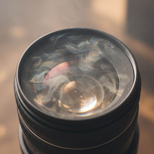 Camera lens visibly covered in a thin, oily film of smoke residue.