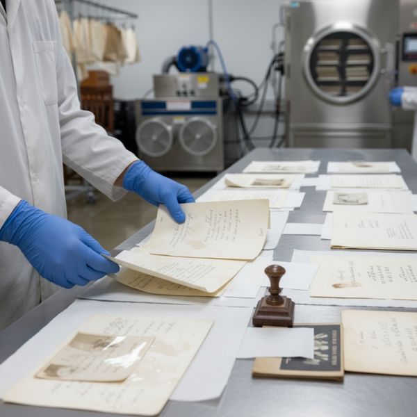 A person in a white lab coat and blue gloves carefully separating slightly damp, handwritten documents