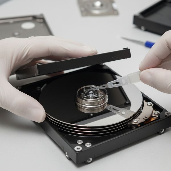 Technician in clean gloves handling an open hard drive platter for data recovery after smoke exposure.
