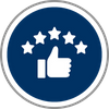 icon of thumbs up with 5 stars above icon of thumbs up with 5 stars above
