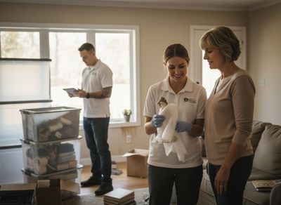 A female service professional in uniform carefully wraps a fragile figurine in bubble wrap for a smiling customer, while a male colleague checks a tablet in the background next to moving boxes. Professional movers carefully packing items for a customer