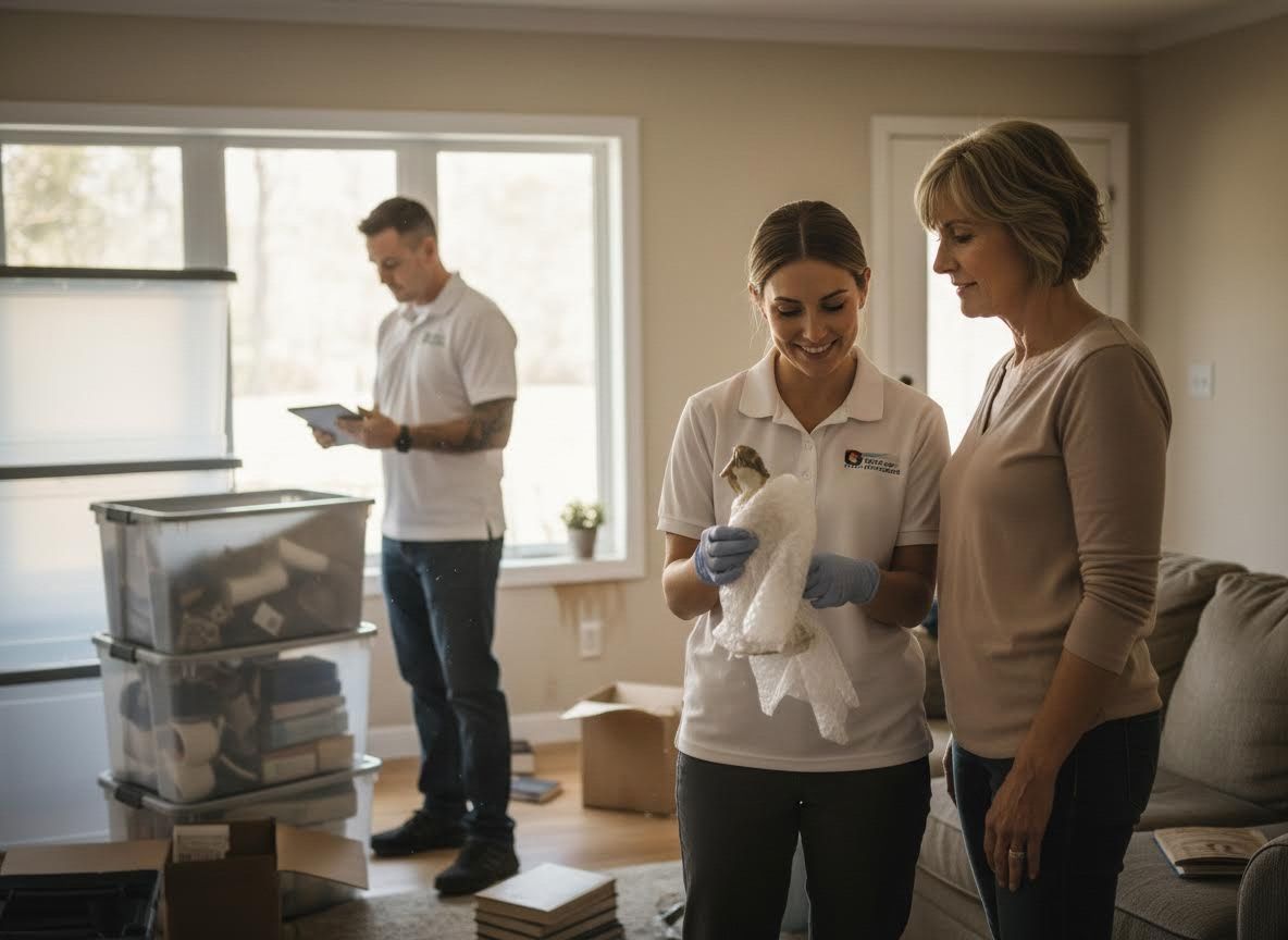 Professional movers carefully packing items for a customer