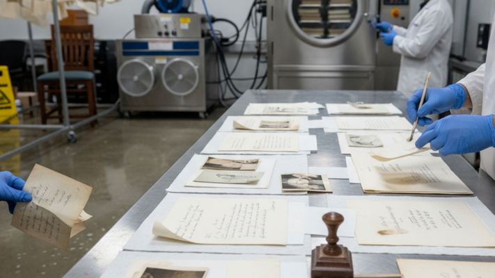 conservators in a lab carefully restoring water-damaged documents conservators in a lab carefully restoring water-damaged documents