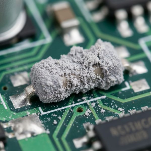 Close-up of a circuit board component showing corrosive gray smoke residue damage.