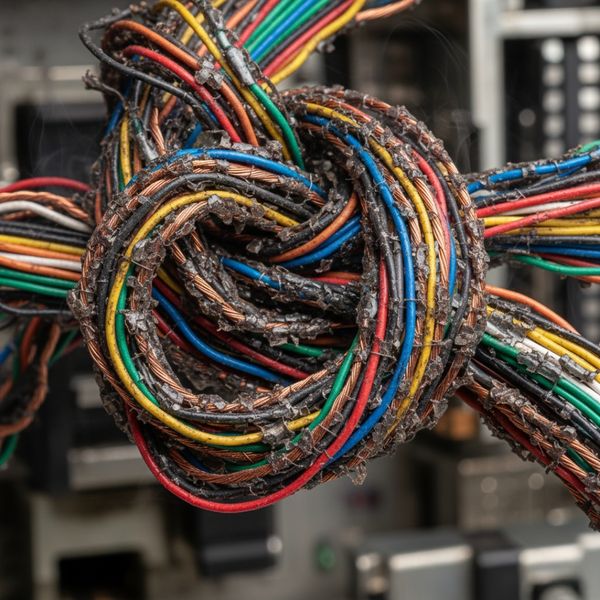 Close-up of internal electronic wiring showing cracked and brittle insulation from smoke and heat damage.