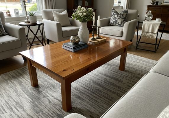 refinished wooden coffee table in a living room