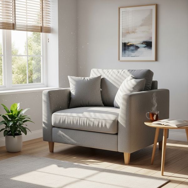 A clean, fresh upholstered armchair in a bright living room, free of any mold, stains, or odors.