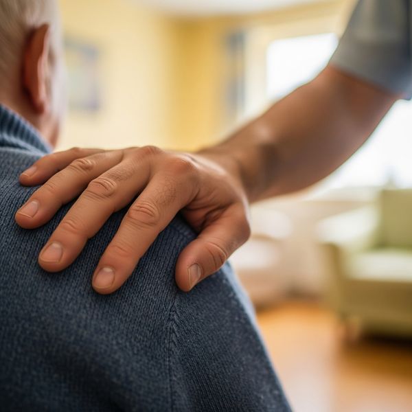 A caregiver offering a supportive touch to a resident.