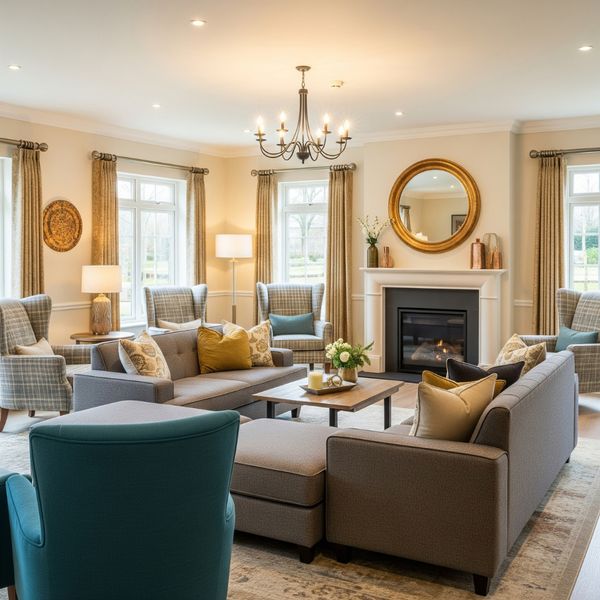 A comfortable and sunny common area in a residential care facility.