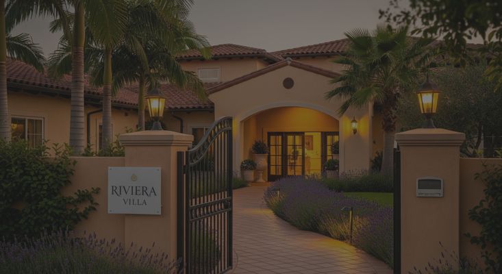 The welcoming exterior of Riviera Villa's luxury residential care home in San Jose.