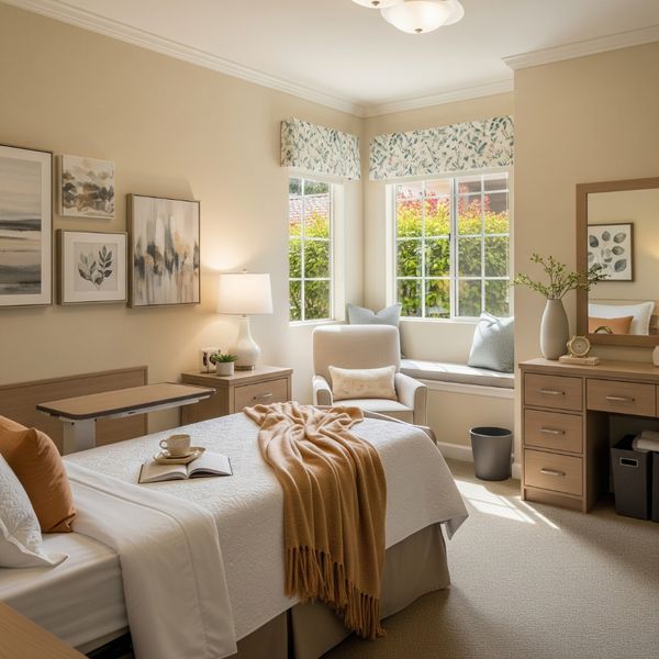 A calm and private resident's room in an adult residential facility in California