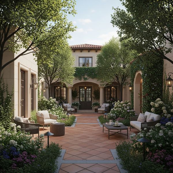 A peaceful garden courtyard with seating for residents