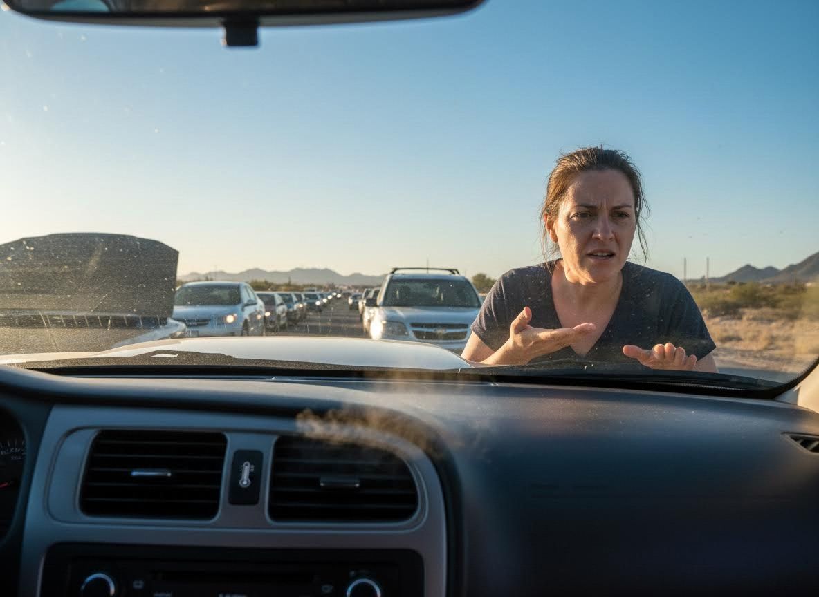 Frustrated Woman in Traffic Jam with Car Trouble