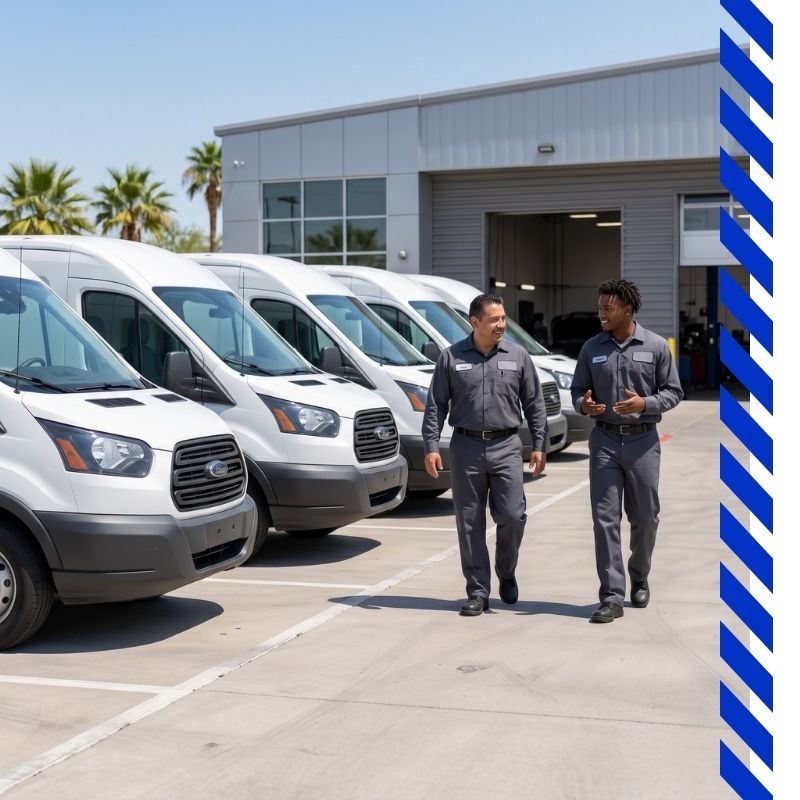 Two auto mechanics smiling and walking past a row of white commercial fleet vans outside an auto repair shop.
