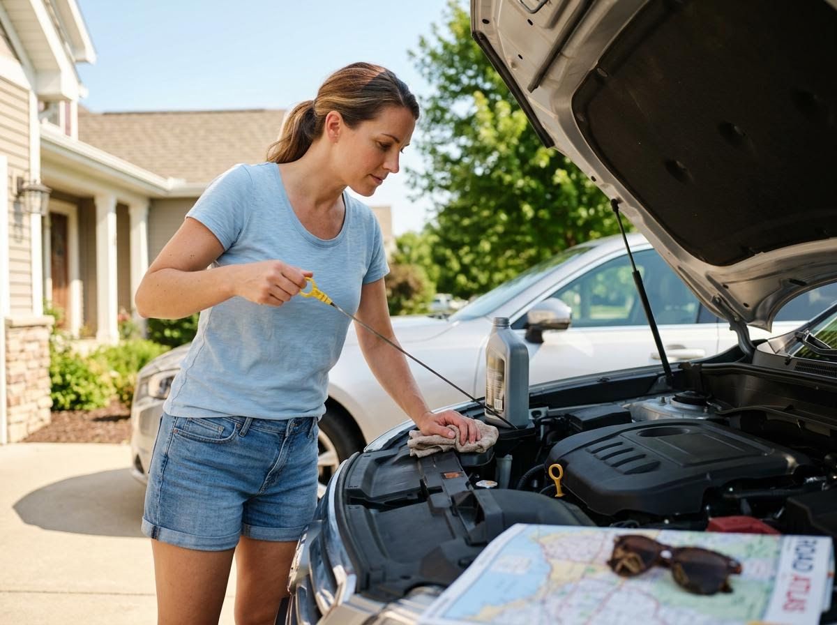Woman Checking Car Engine Oil