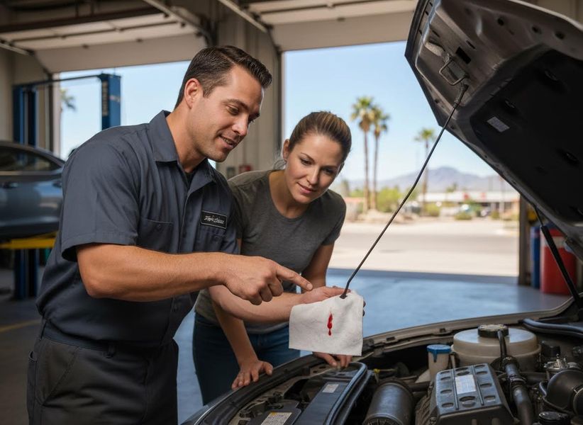 Mechanic Explaining Car Fluid to Customer
