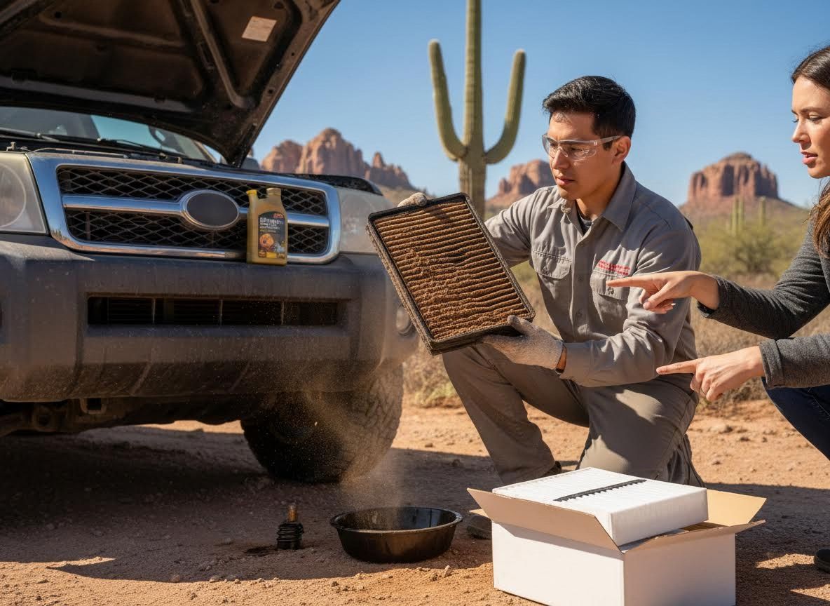 Mechanic showing a dirty air filter to a customer in the desert
