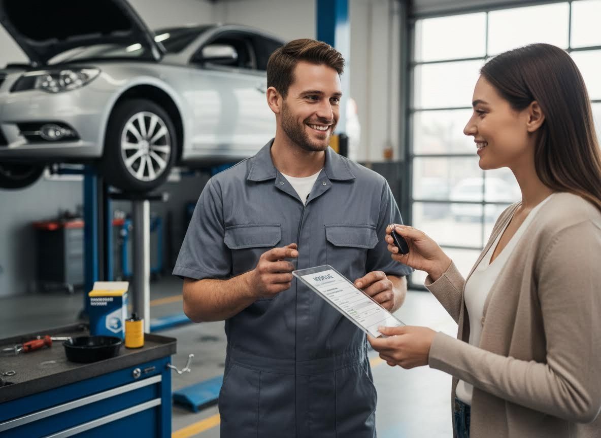 Mechanic and Customer Reviewing Car Service Details