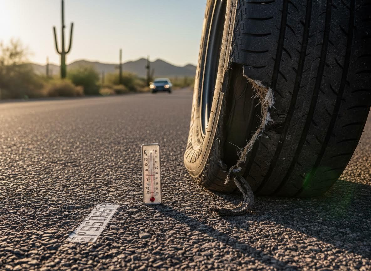 Blown Tire and Thermometer on Hot Desert Road