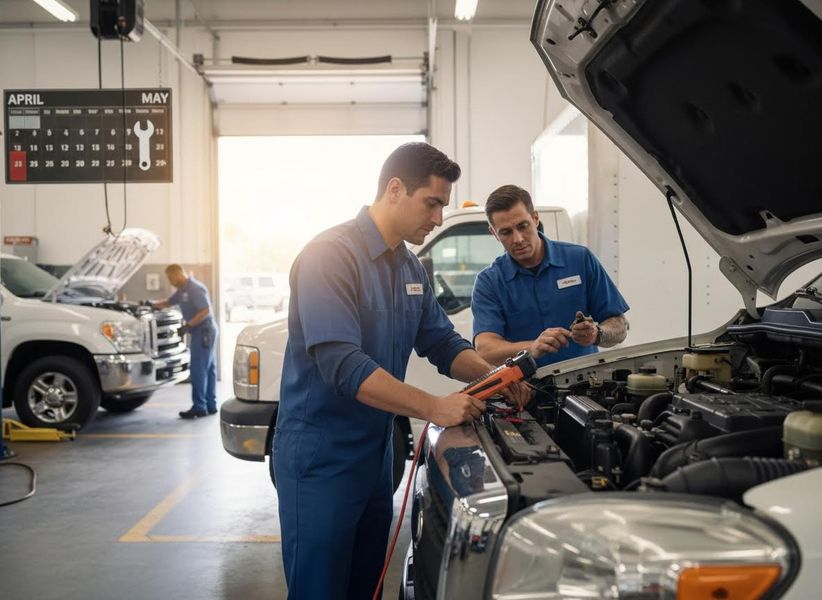 Two Mechanics Working on a Truck Engine