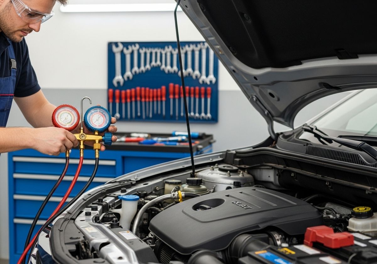 Car Mechanic Checking Pressure Gauges Under Hood
