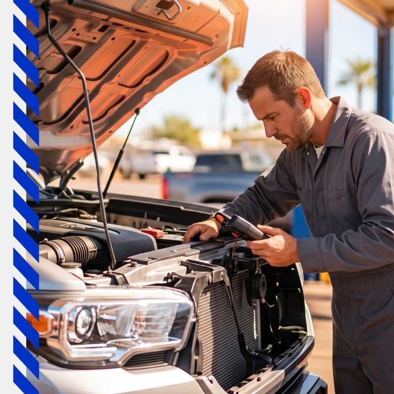Auto mechanic using a diagnostic tool to inspect the engine bay of a silver truck.