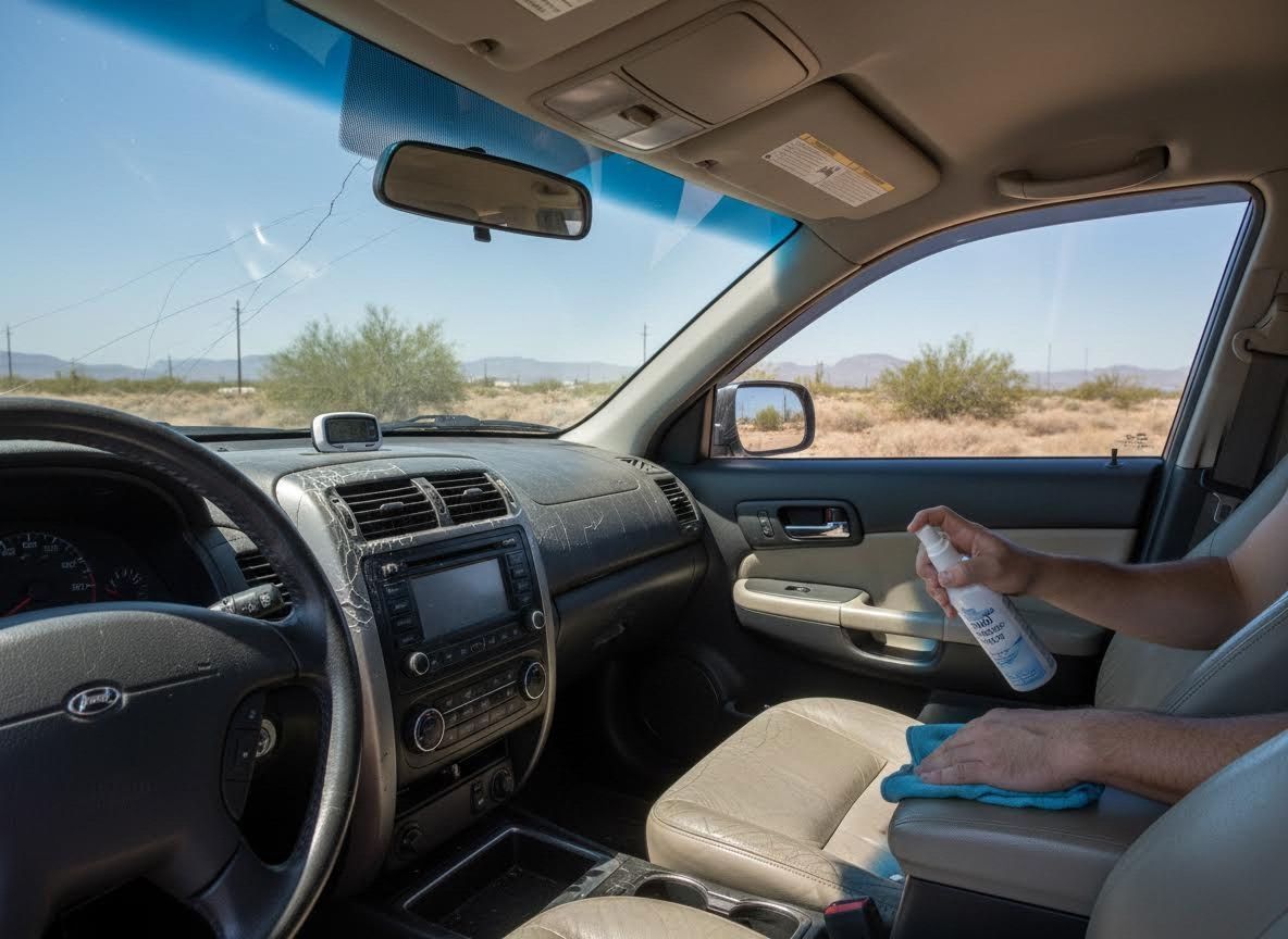 Person using hand sanitizer spray to clean car interior
