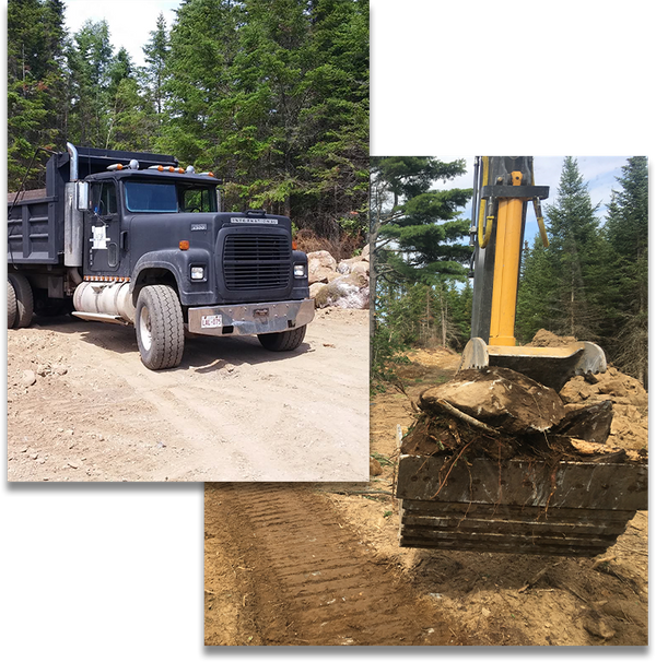 Image of work truck and excavator moving earth
