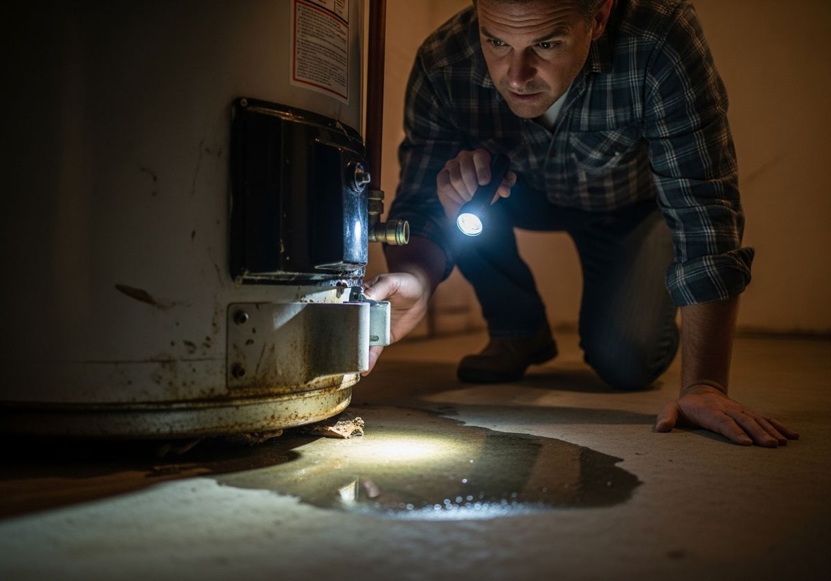 Man Inspecting Leaking Water Heater with Flashlight