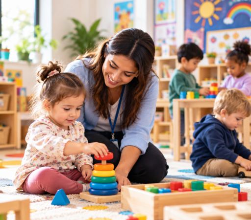 A caring daycare teacher supports a young child as she explores a colorful stacking toy in a comfortable classroom environment. Gentle guidance and play-based activities help children build confidence, feel secure, and adjust to their daycare surroundings at their own pace. Daycare teacher helping a young child play with a colorful stacking toy in a welcoming classroom.