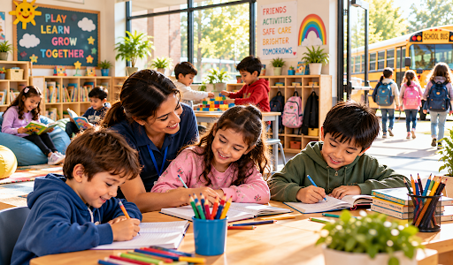 School-age children drawing, writing, and reading with a caregiver in a classroom while other children arrive from a school bus.