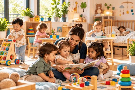 Toddler care at Royal Daycare provides opportunities for young children to explore, communicate, and develop independence through supervised play and interactive activities. Picture books, educational toys, and group experiences encourage language development, curiosity, social interaction, and early learning in a nurturing environment. Toddlers enjoying picture-book storytime with a caregiver in a bright daycare classroom filled with age-appropriate toys.